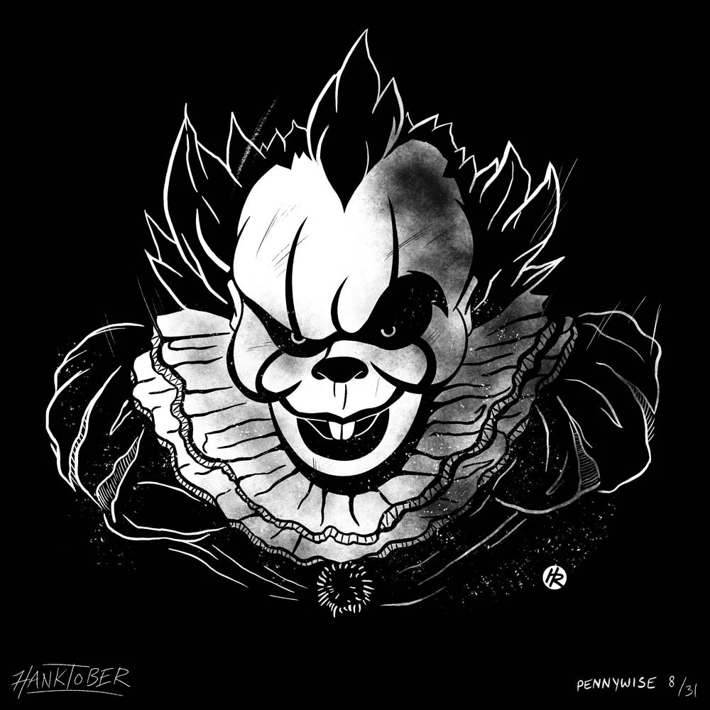 Horror ink illustration of Pennywise from It drawn by Henry Rose