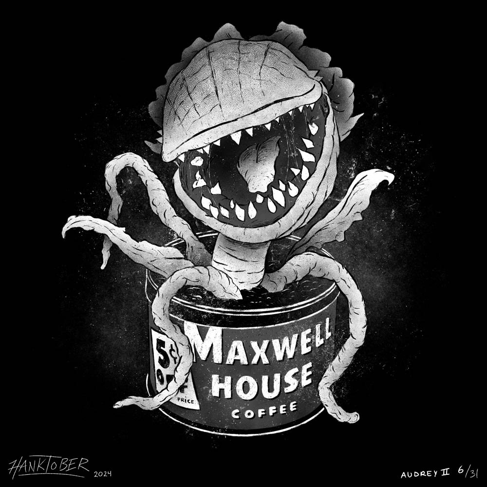 Horror ink illustration of Audrey 2 from Little Shop of Horros drawn by Henry Rose