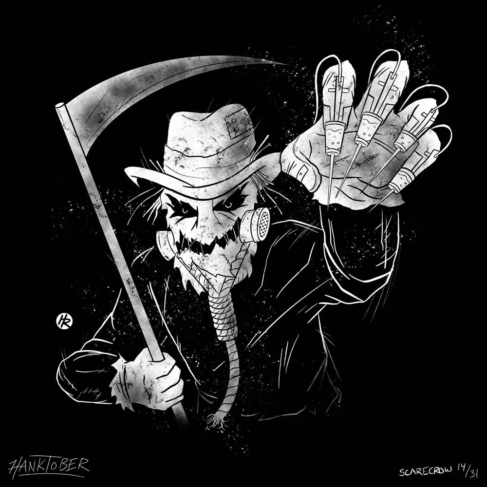 Horror ink illustration of Scarecrow from Batman drawn by Henry Rose
