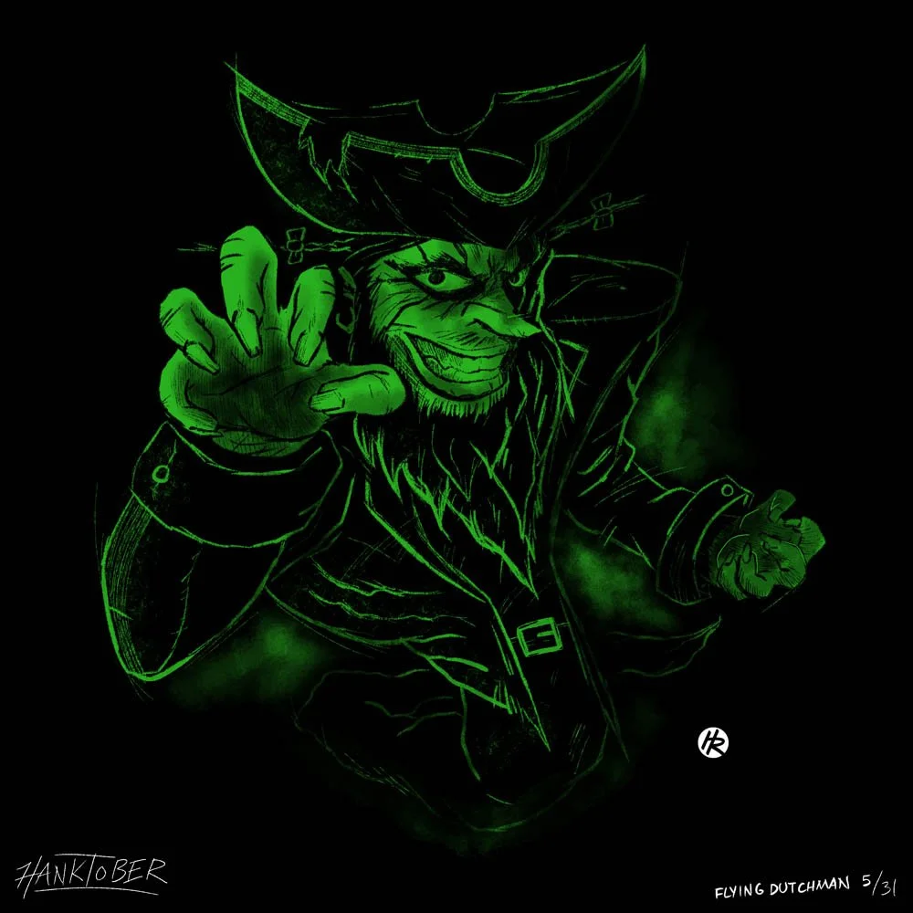 Horror ink illustration of Flying Dutchman from Spongebob drawn by Henry Rose