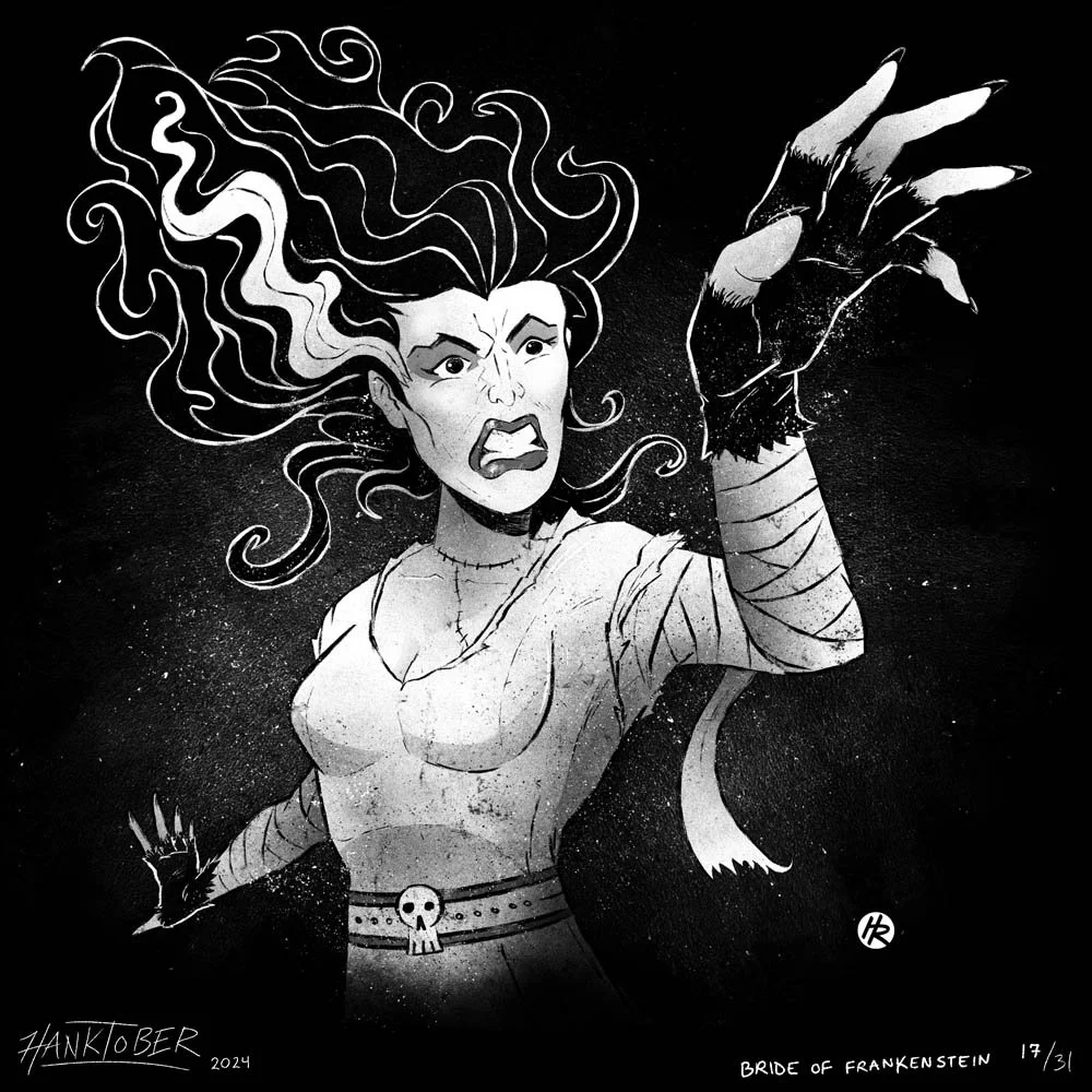Horror ink illustration of Bride of Frankenstein drawn by Henry Rose