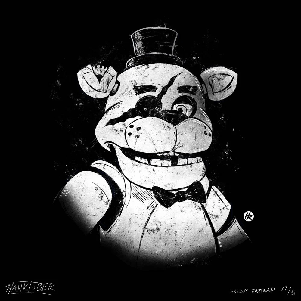 Horror ink illustration of Freddy Fazbear from FNAF drawn by Henry Rose