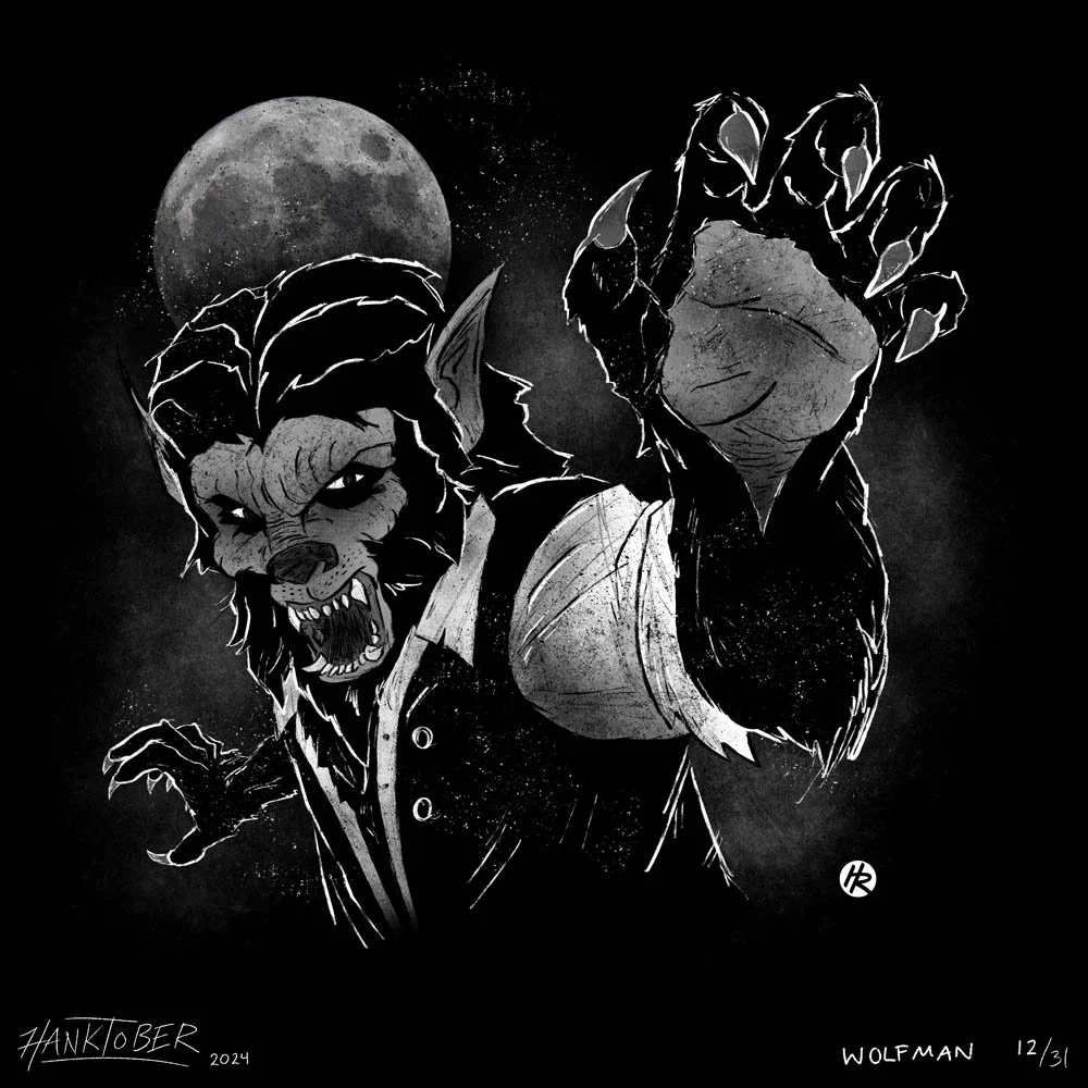 Horror ink illustration of Wolfman drawn by Henry Rose