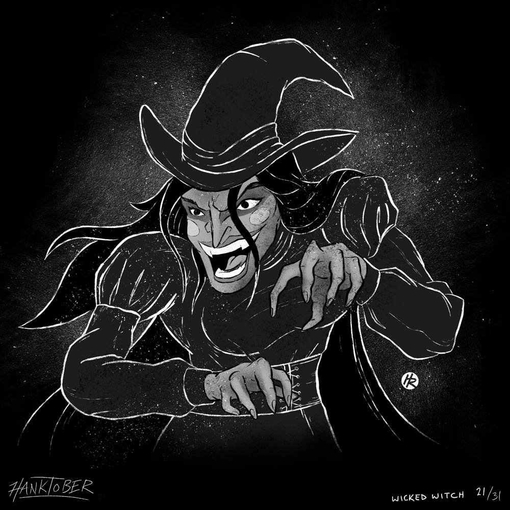 Horror ink illustration of Elphaba from Wicked drawn by Henry Rose