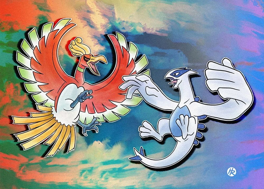 Illustrated Pokemon Gold Silver Ho-Oh and Lugia poster drawn by Henry Rose