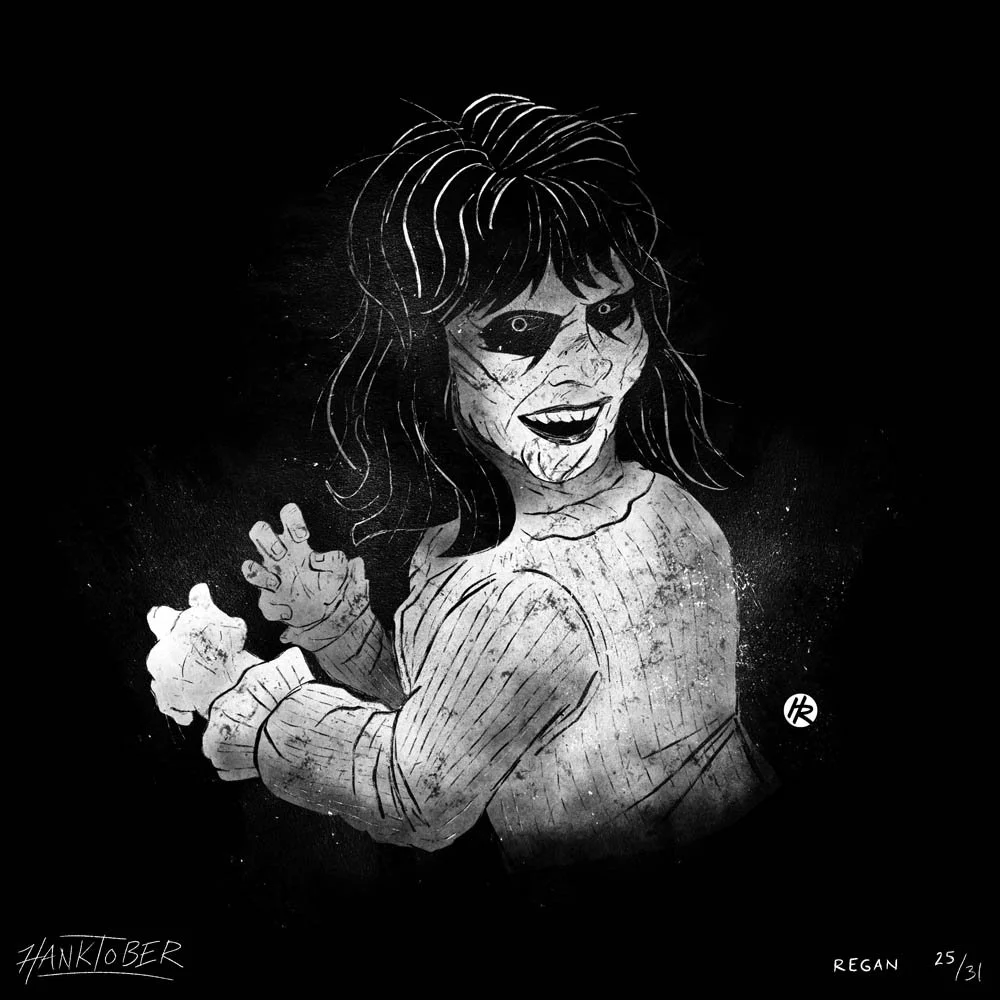 Horror ink illustration of Regan from Exorcist drawn by Henry Rose