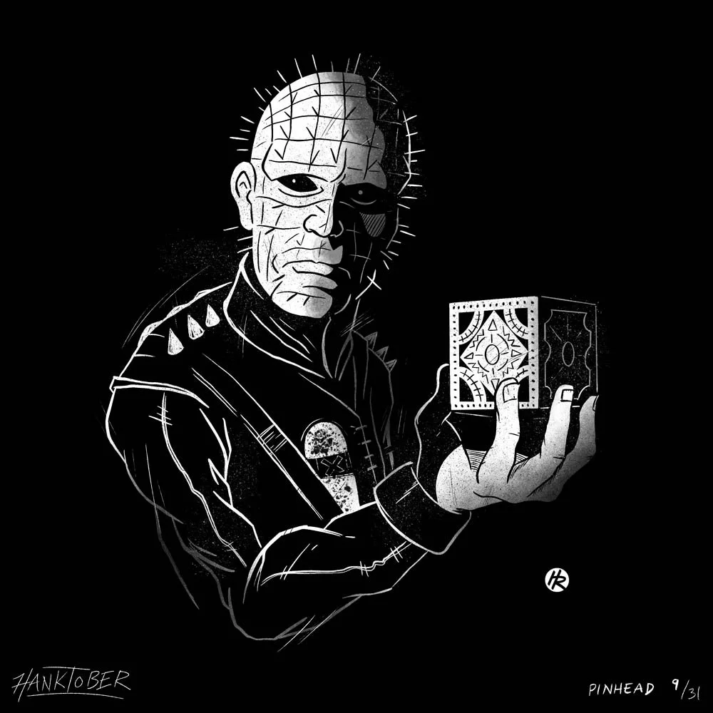 Horror ink illustration of Pinhead from Hellraiser drawn by Henry Rose