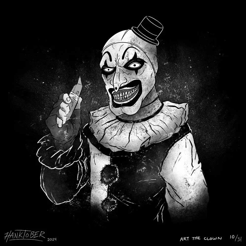 Horror ink illustration of Art the Clown from Terrifier drawn by Henry Rose