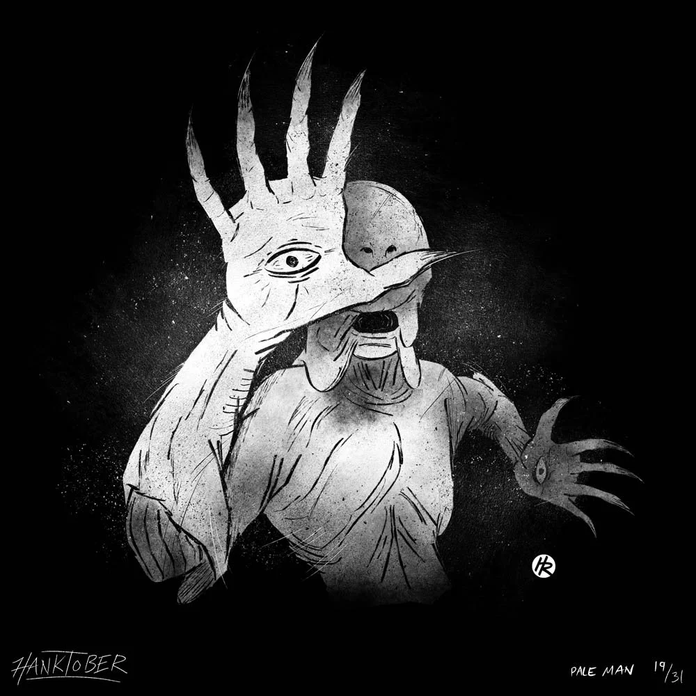 Horror ink illustration of Pale Man from Pan's Labrynth drawn by Henry Rose