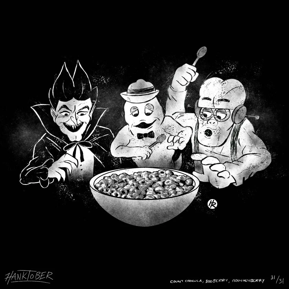 Horror ink illustration of General Mills Halloween Cereals drawn by Henry Rose