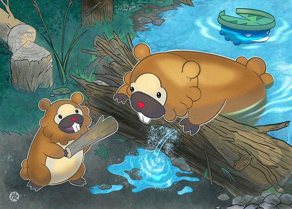 Illustrated trading card art of Bidoof from Pokemon drawn by Henry Rose