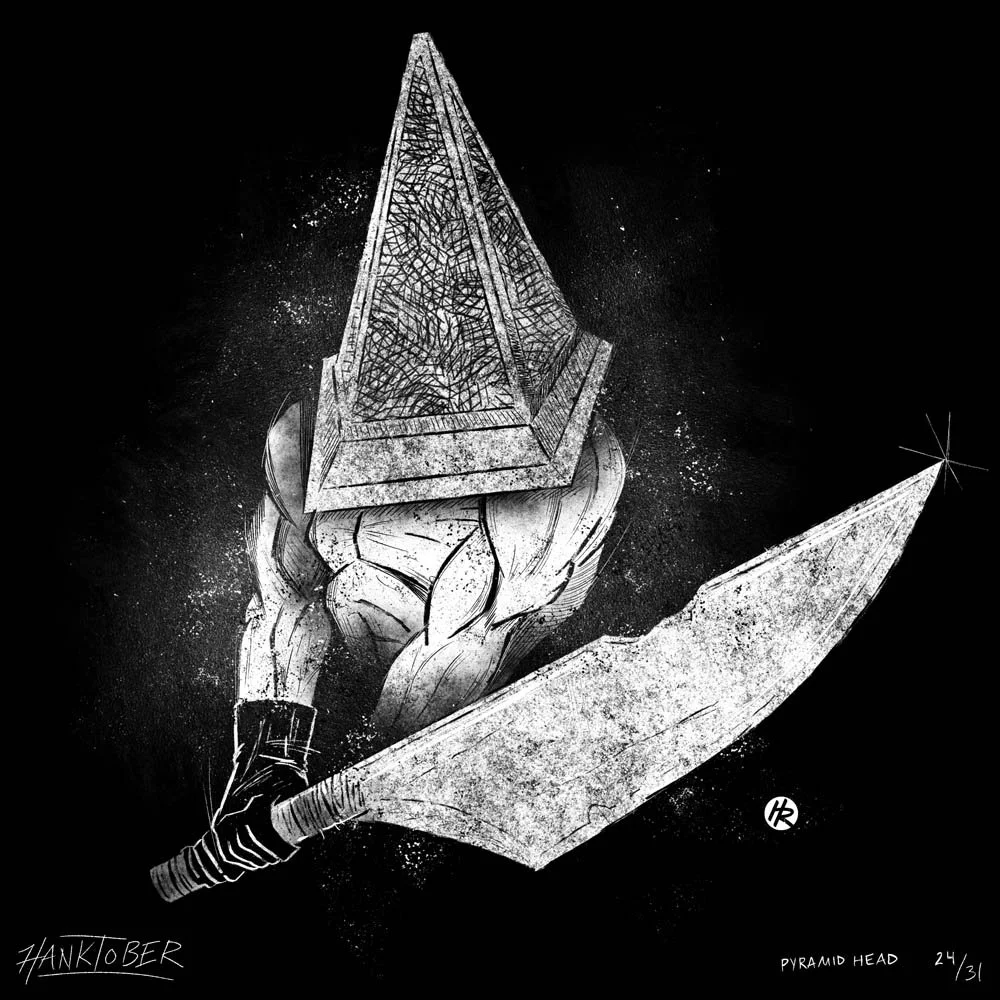 Horror ink illustration of Pyramid Head from Silent Hill drawn by Henry Rose