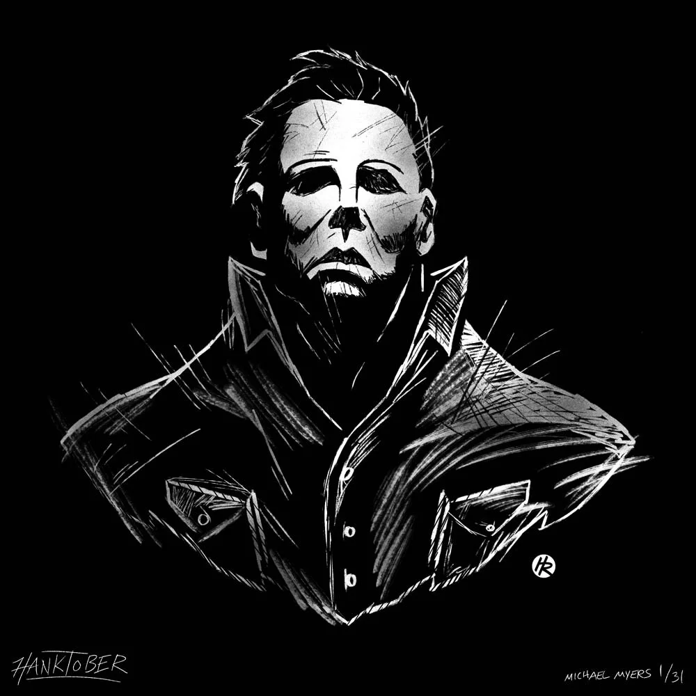 Horror ink illustration of Michael Myers from Halloween drawn by Henry Rose