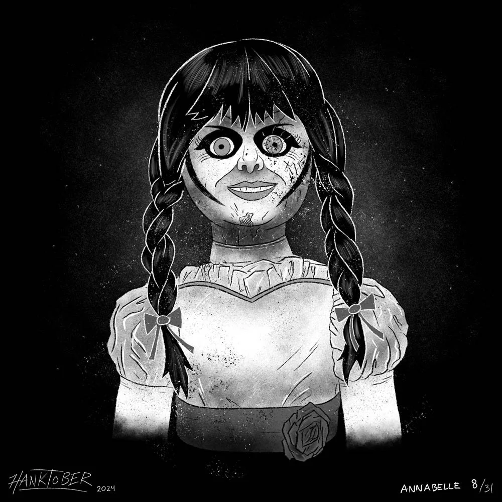Horror ink illustration of Annabelle drawn by Henry Rose
