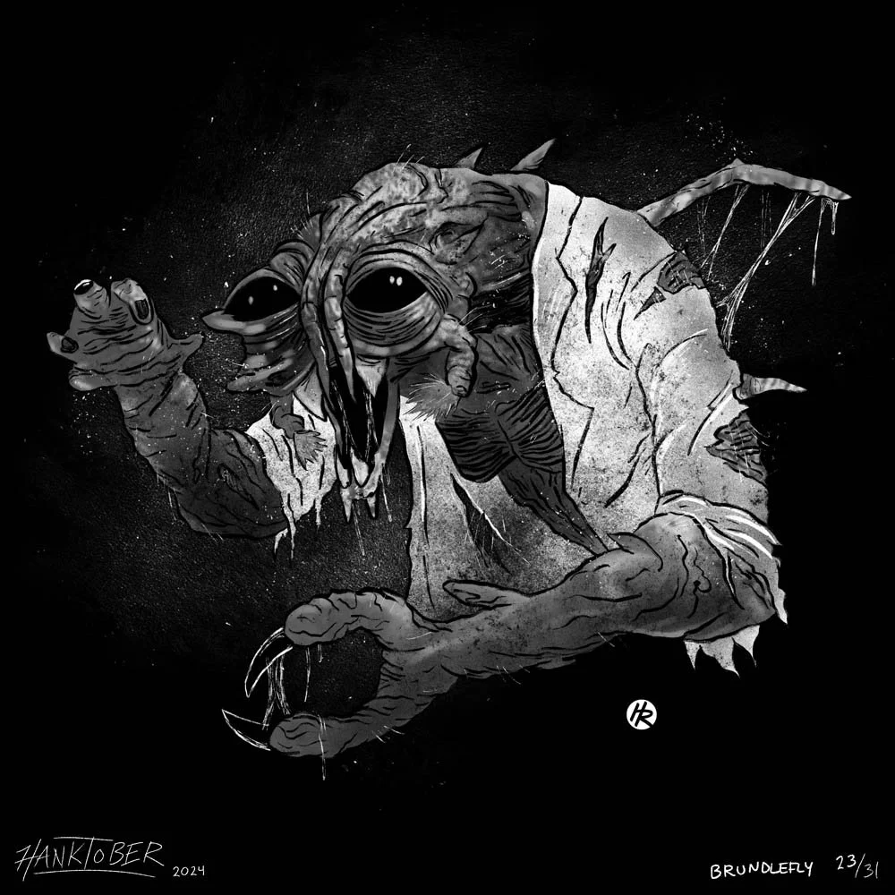 Horror ink illustration of The Fly brundelfly drawn by Henry Rose