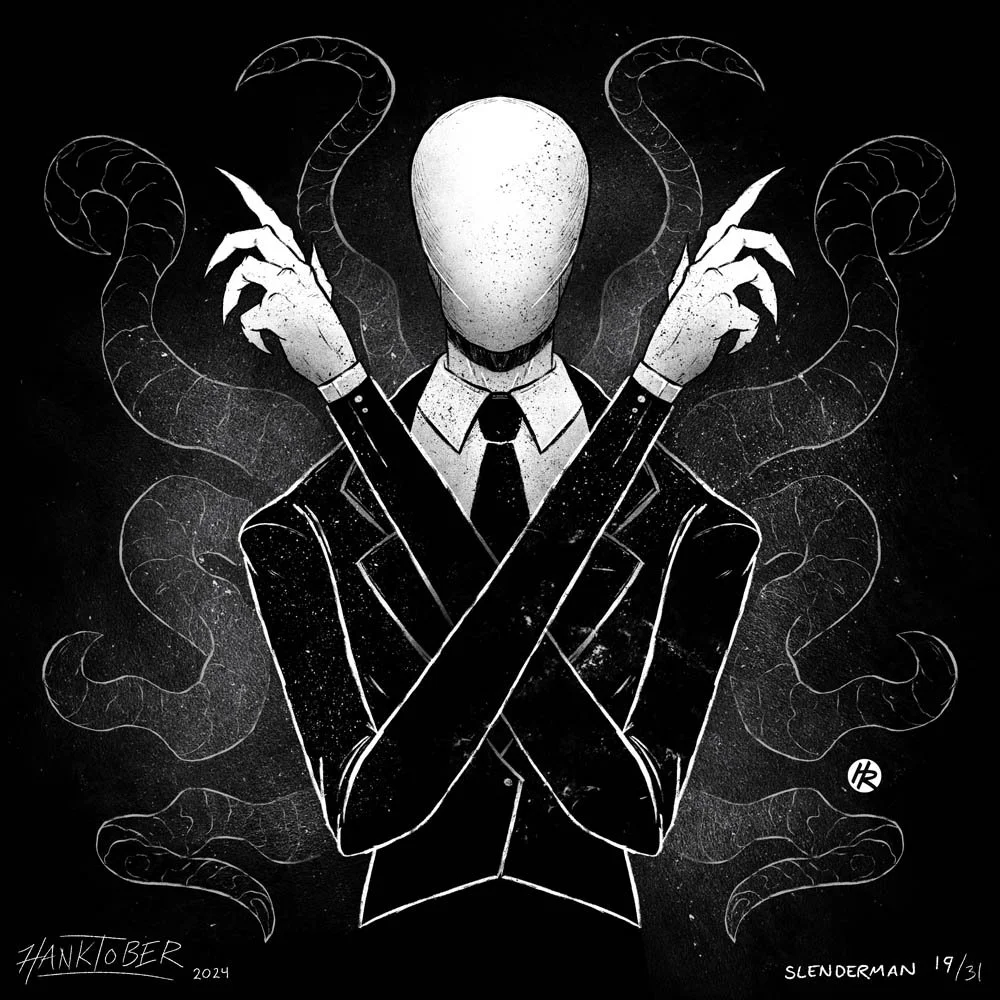 Horror ink illustration of Slenderman drawn by Henry Rose