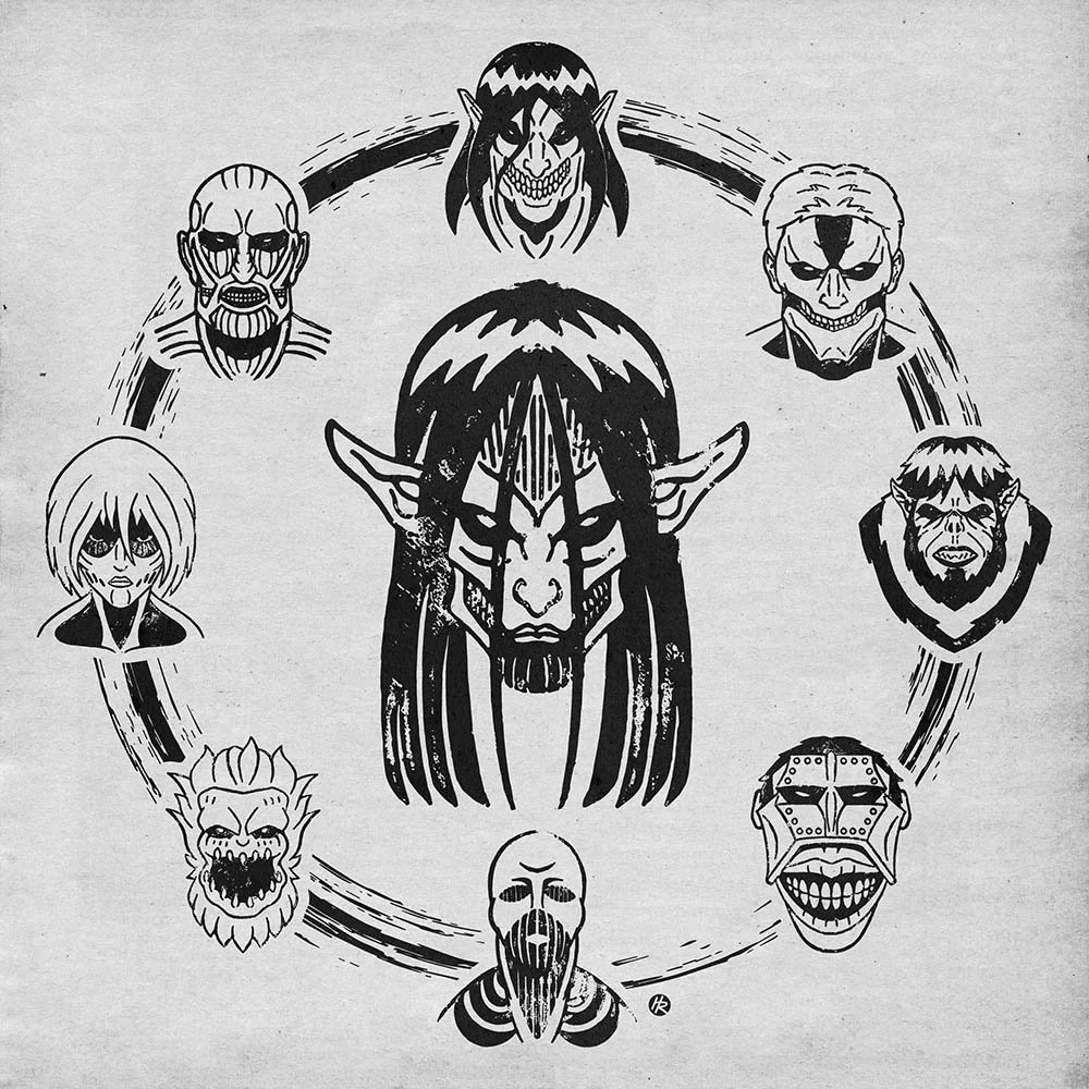 Illustrated Attack on Titan block print drawn by Henry Rose