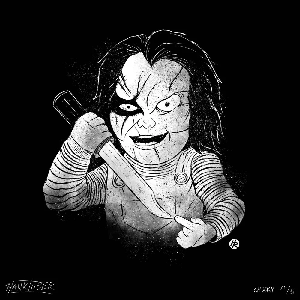Horror ink illustration of Chucky from Child's Play drawn by Henry Rose
