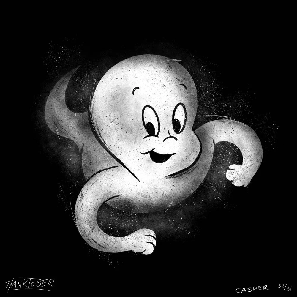 Horror ink illustration of Casper the Friendly Ghost drawn by Henry Rose
