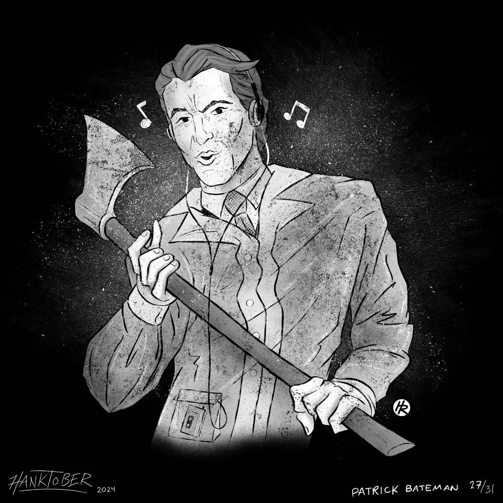 Horror ink illustration of Patrick Bateman from American Psycho drawn by Henry Rose