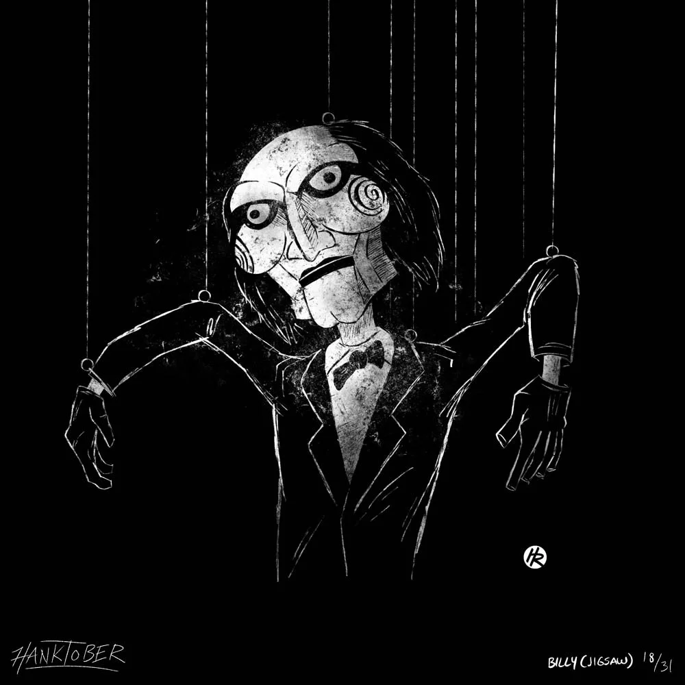 Horror ink illustration of Jigsaw from Saw drawn by Henry Rose