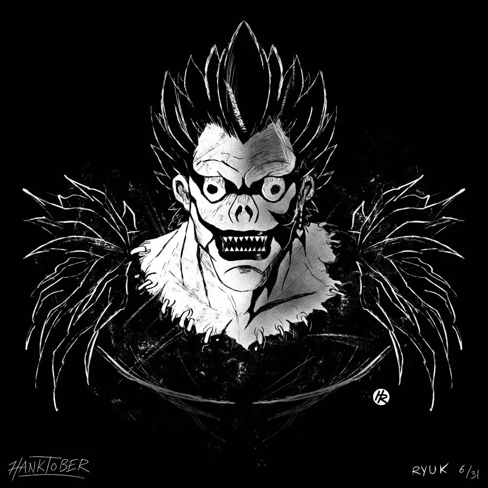 Horror ink illustration of Ryuk from Death Notedrawn by Henry Rose