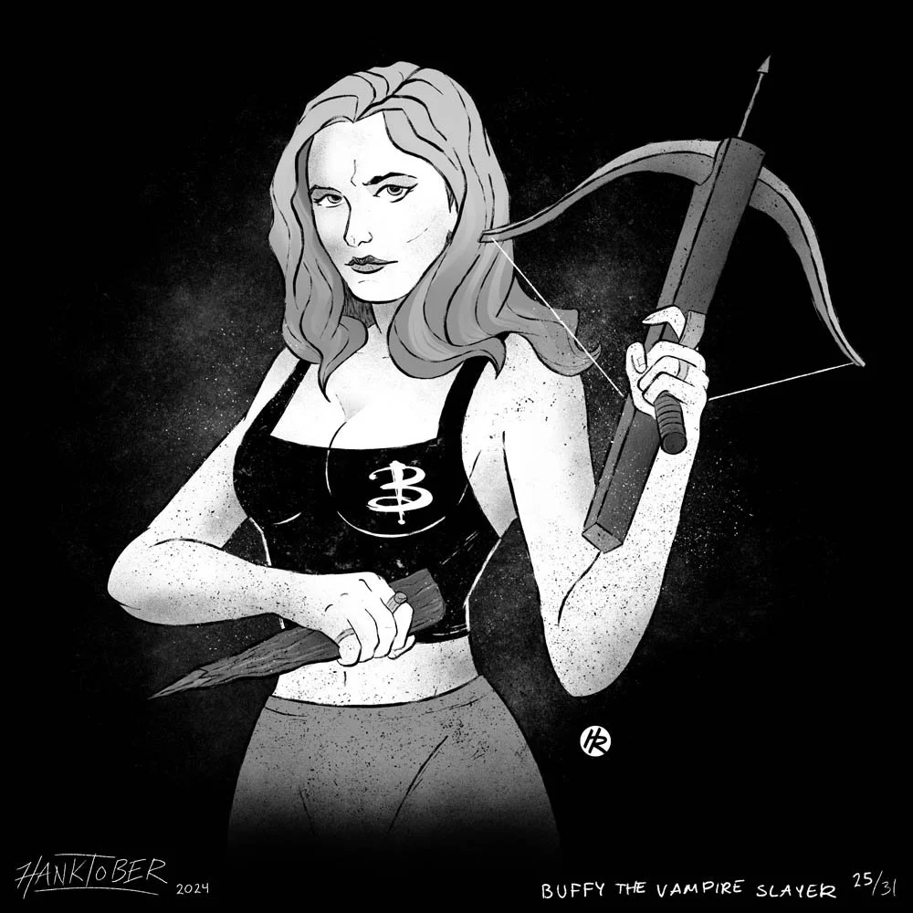 Horror ink illustration of Buffy the Vampire Slayer drawn by Henry Rose