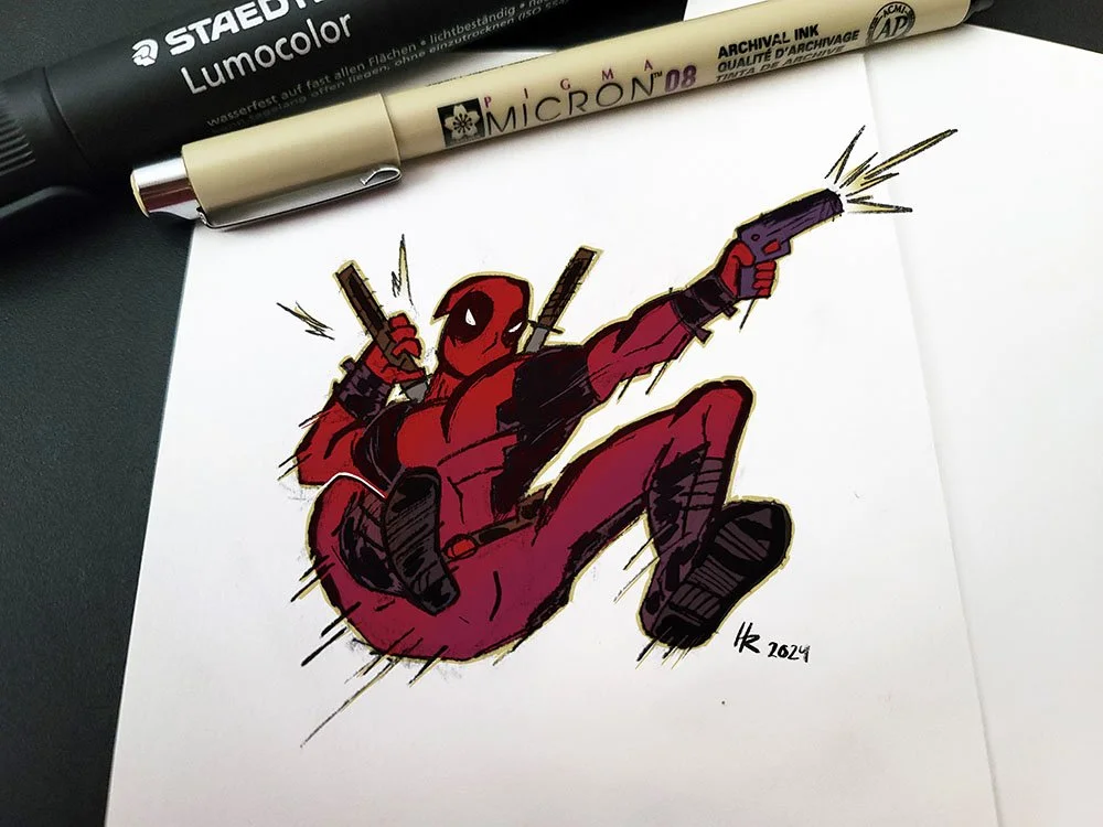 Illustrated Deadpool sketch hand-drawn by Henry Rose