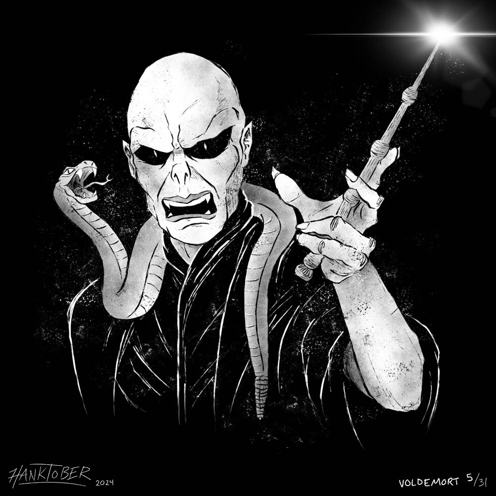 Horror ink illustration of Voldemort from Harry Potter drawn by Henry Rose
