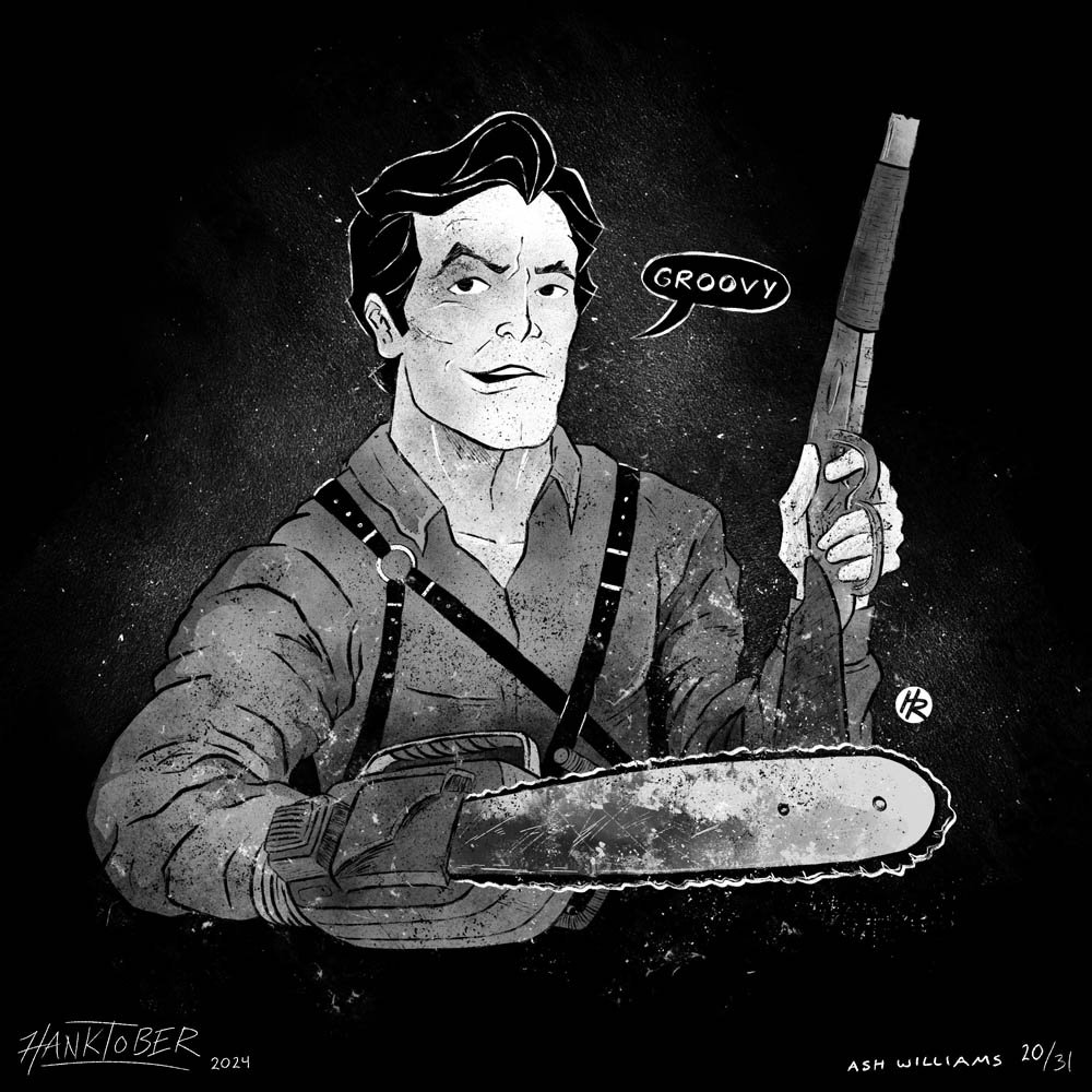Horror ink illustration of Ash Williams from Evil Dead drawn by Henry Rose