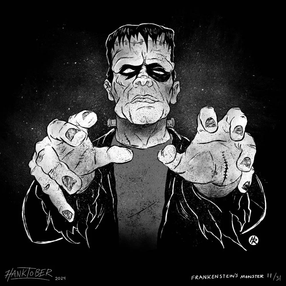 Horror ink illustration of Frankenstein drawn by Henry Rose
