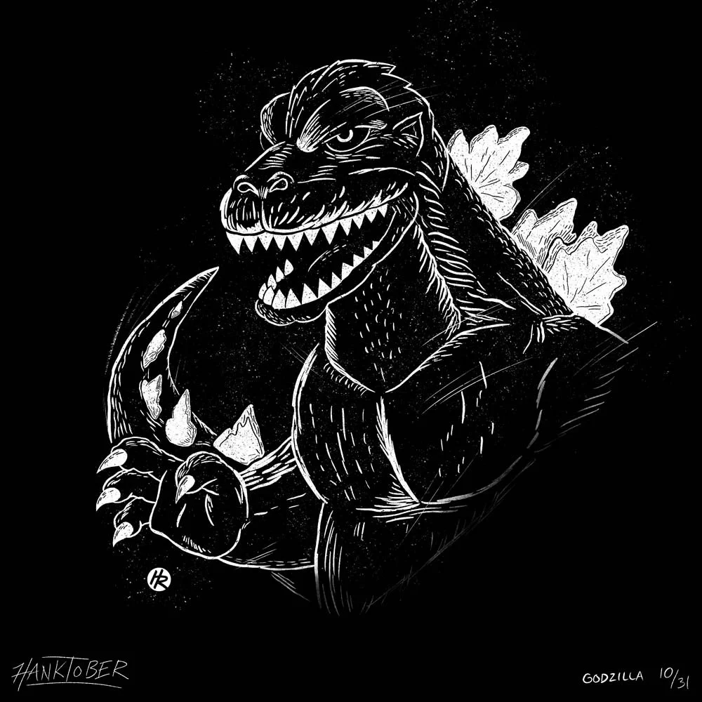 Horror ink illustration of Godzilla drawn by Henry Rose