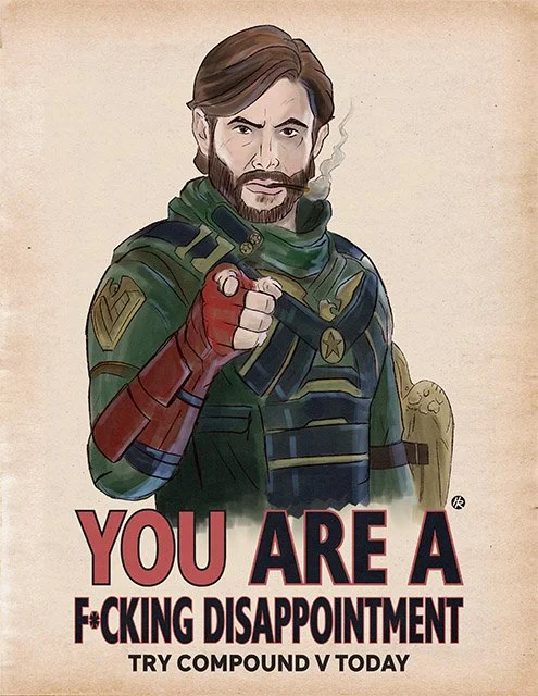 Illustrated retro wall art print of Jensen Ackles Soldier Boy from The Boys drawn by Henry Rose