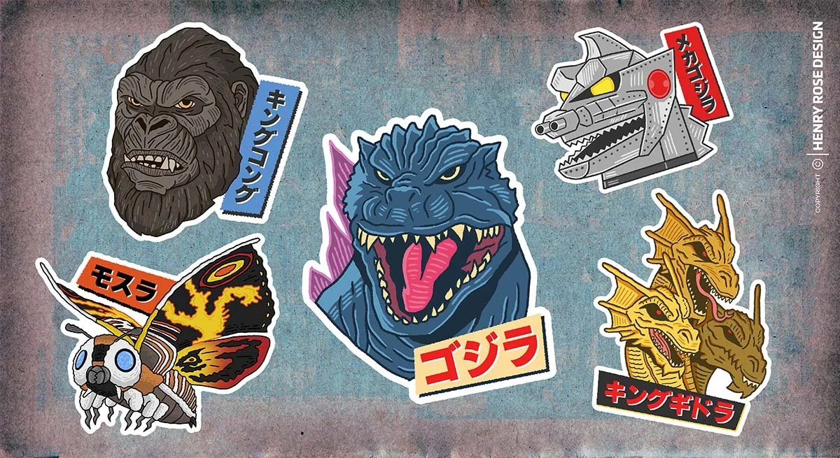 Illustrated Godzilla kaiju monster stickers drawn by Henry Rose