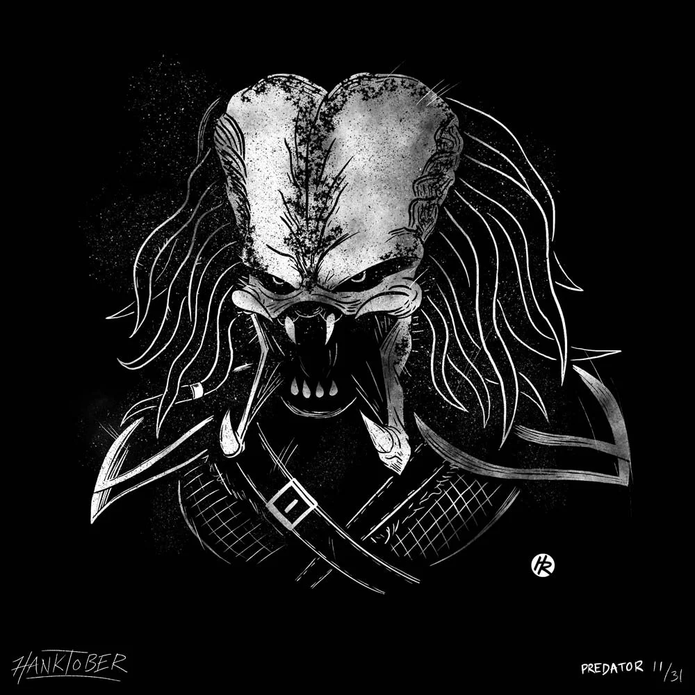 Horror ink illustration of Predator drawn by Henry Rose