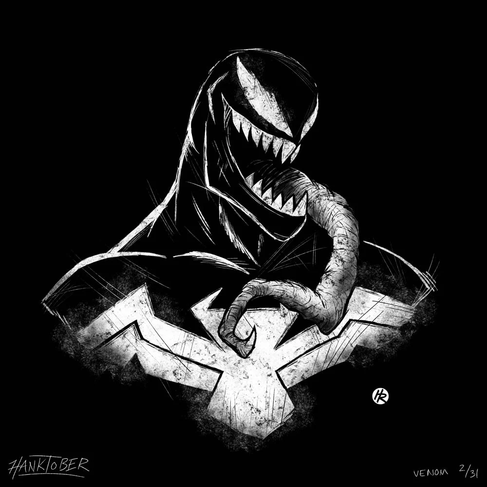 Horror ink illustration of Venom from Spider-man drawn by Henry Rose