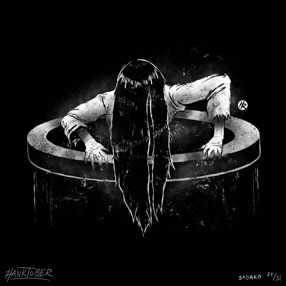 Horror ink illustration of Sadako from The Ring drawn by Henry Rose