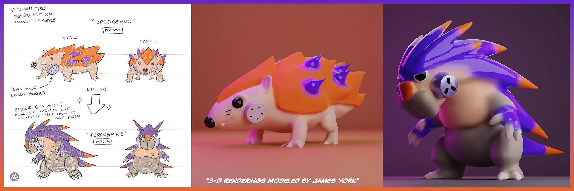 Illustrated Fakemon Pokemon Porcubrine drawn by Henry Rose and James York