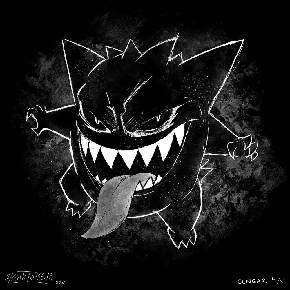 Horror ink illustration of Gengar from Pokemon drawn by Henry Rose