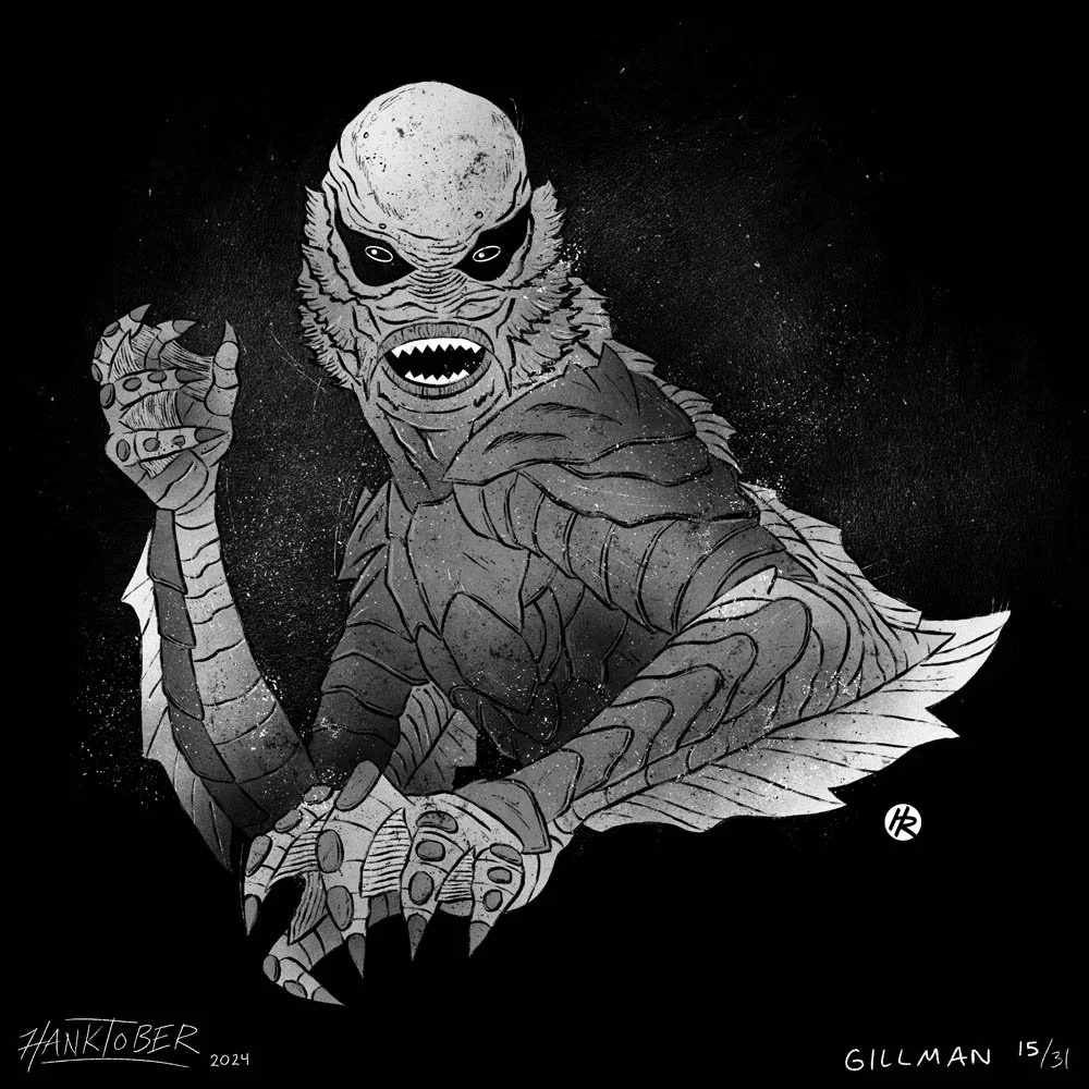 Horror ink illustration of Gillman drawn by Henry Rose