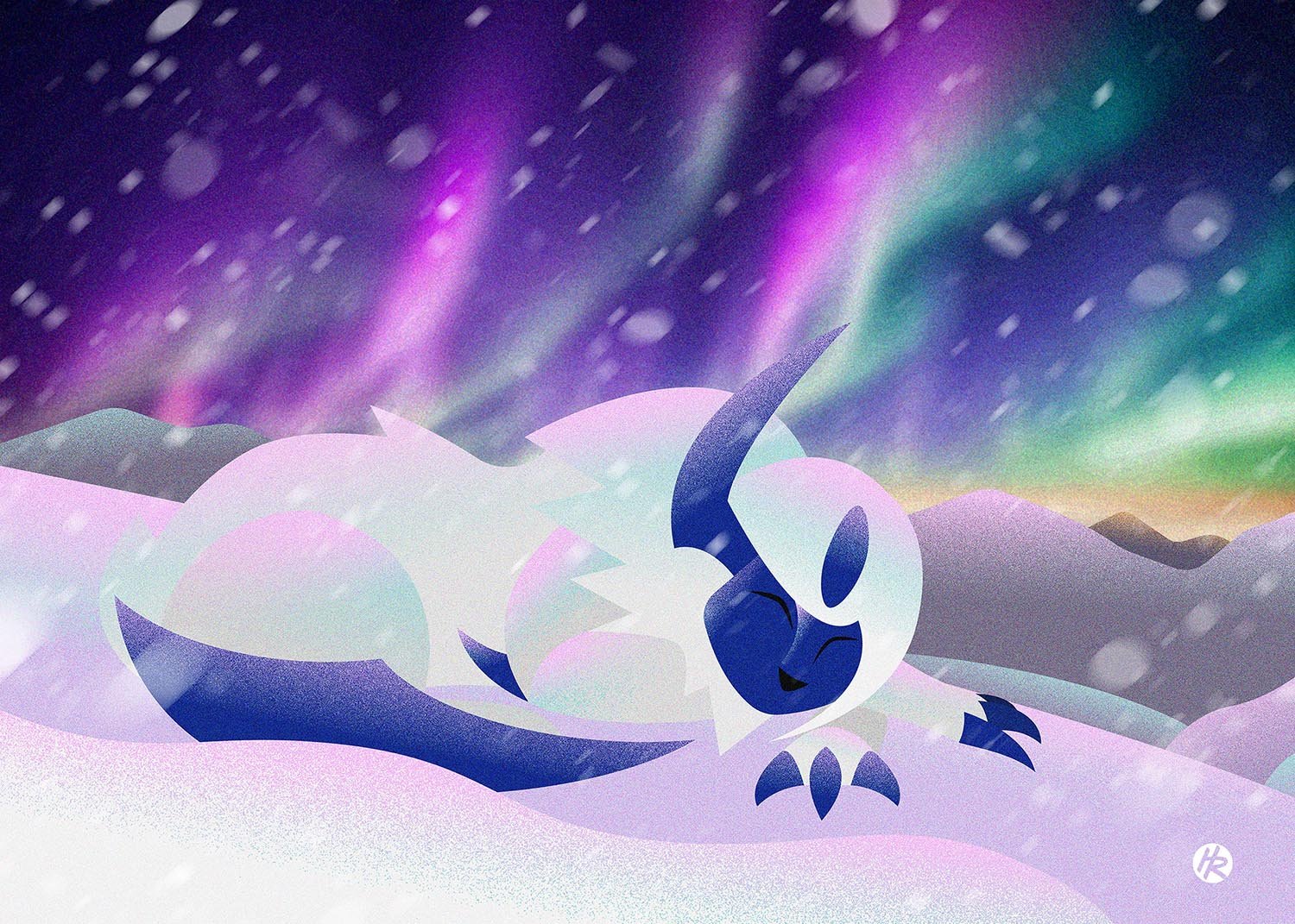 Illustrated trading card art of Absol from Pokemon drawn by Henry Rose