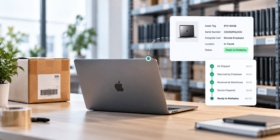 Remote IT asset tracking showing a laptop return, device status, warehouse receipt, and redeployment