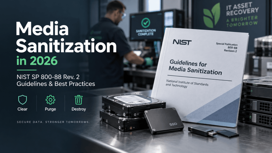 Media sanitization graphic illustrating NIST SP 800-88 Rev. 2 guidance and the Clear, Purge, and Destroy methods.
