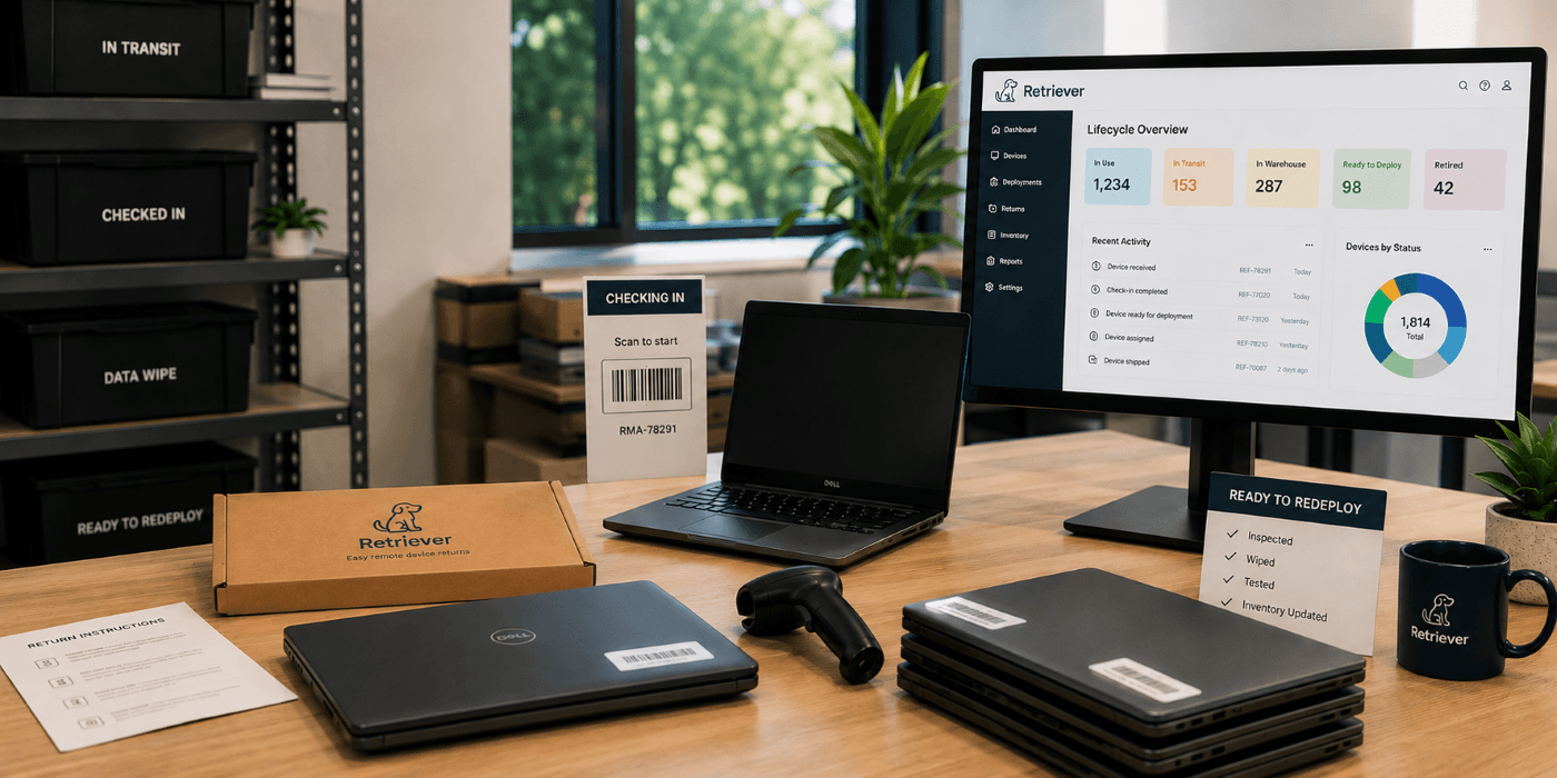 Retriever laptop lifecycle management workspace showing enterprise laptop return kits, device tracking dashboard, barcode scanning, redeployment staging and IT asset lifecycle operations for remote and distributed teams.