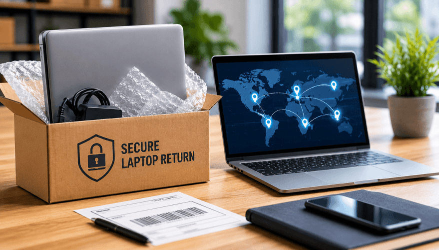 Laptop return kit, redeployment laptops, and remote device management workspace used for enterprise computer shipping services and IT asset lifecycle management.