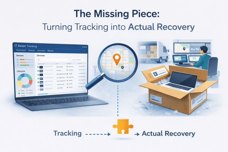 IT asset tracking compared to full lifecycle management showing device retrieval and return process