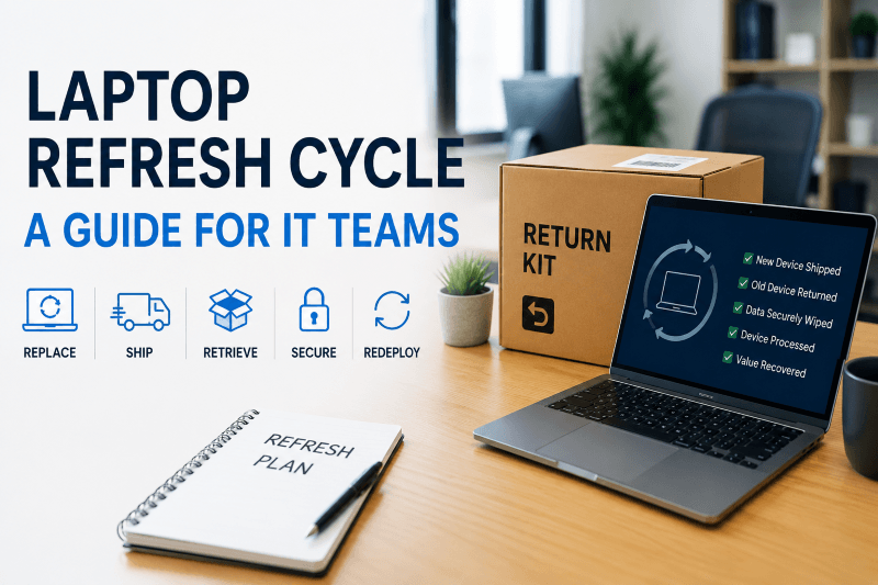 Laptop refresh cycle workflow for remote IT teams showing device replacement, laptop retrieval, secure data destruction, redeployment, and return logistics during a Device Lifecycle Refresh (DLR) process