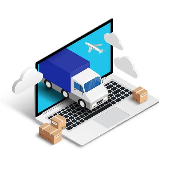 Illustration of delivery truck and shipping boxes emerging from laptop screen, representing laptop tracking and return logistics