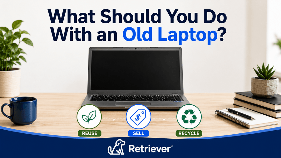 Old laptop with options to reuse, sell, or recycle it responsibly