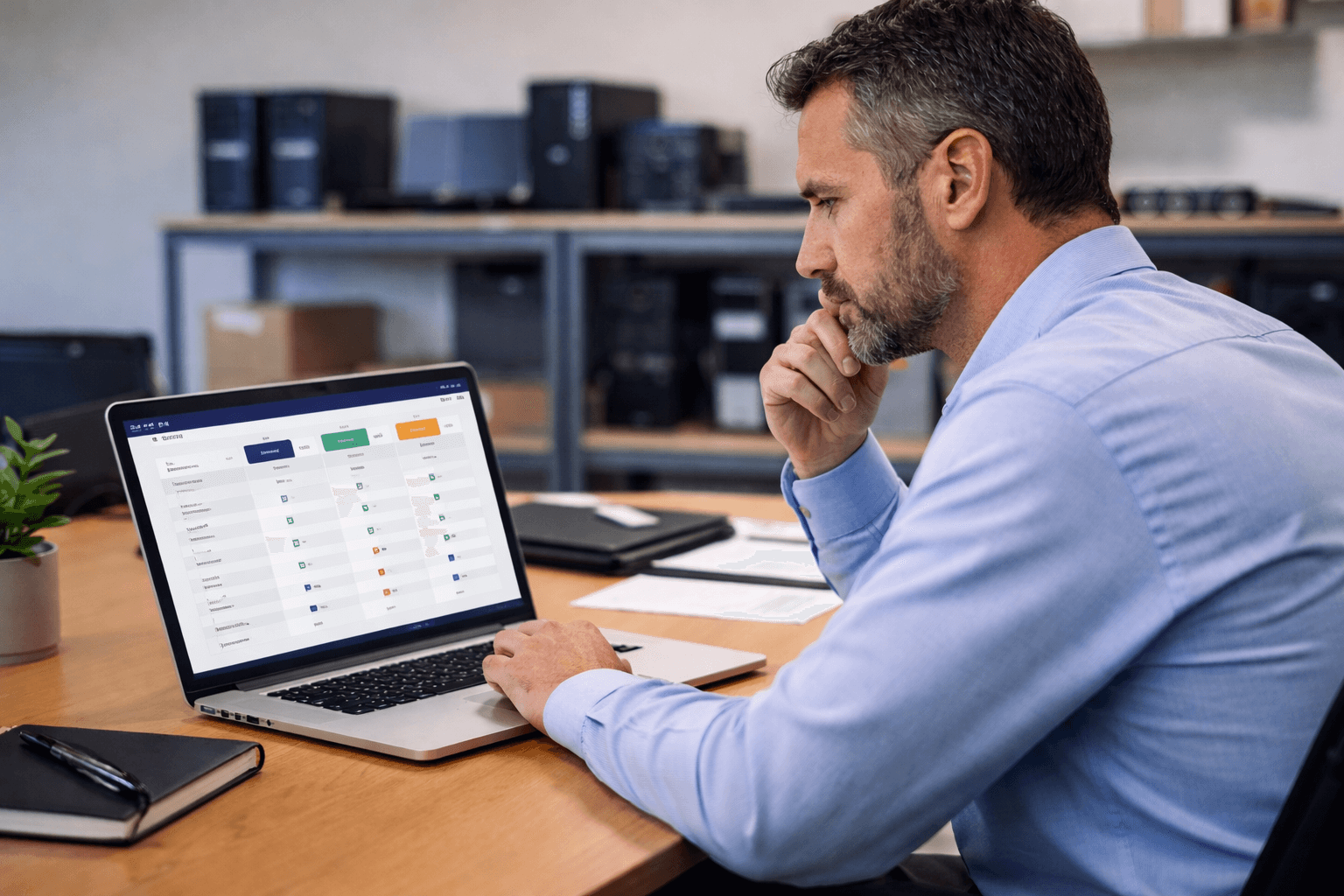 IT manager reviewing vendor options on a laptop as part of a hardware asset management evaluation
